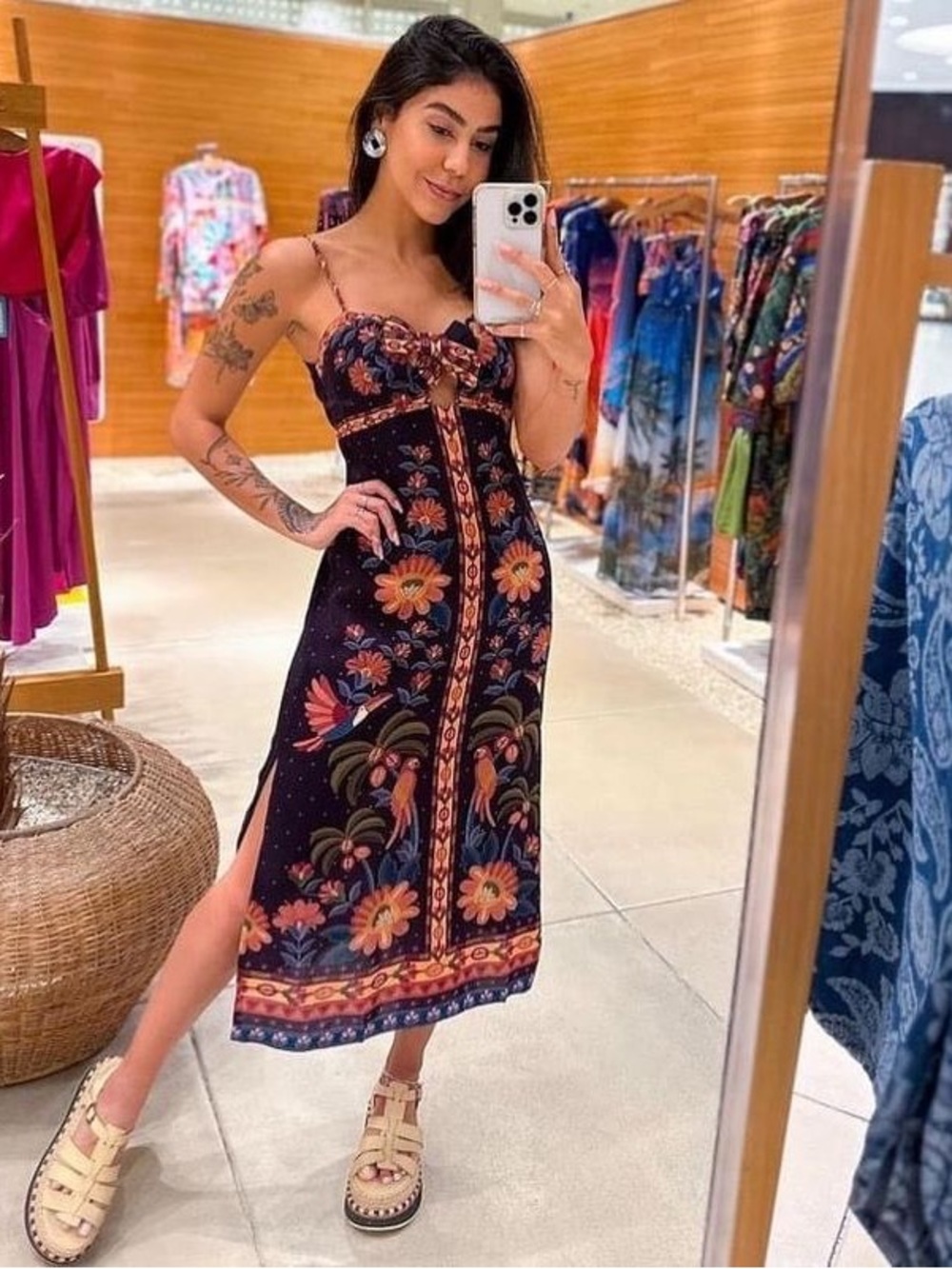 FARM Rio Purple Floral Midi Dress with Orange and Yellow Motifs